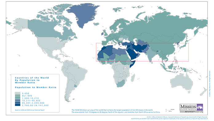 Seventh-day Adventist Worldwide Population to Member Ratio Map