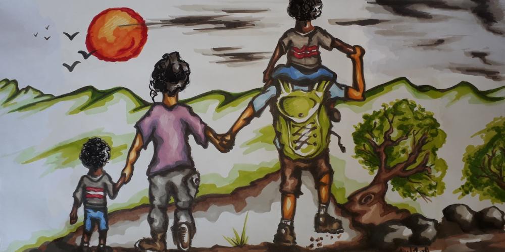 A drawing by Juan of his wife, the two boys who they brought into their home, and him going on a nature walk. (Juan for Adventist Mission)