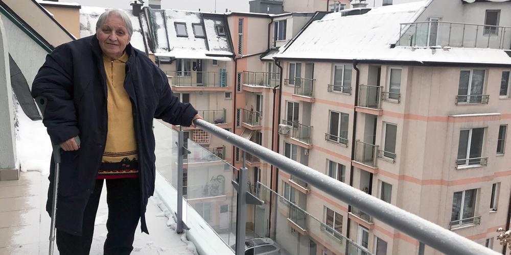 Maria Bachvarova, 73, standing on a balcony of the Seventh-day Adventist Church headquarters in Sofia, Bulgaria, in December 2018.