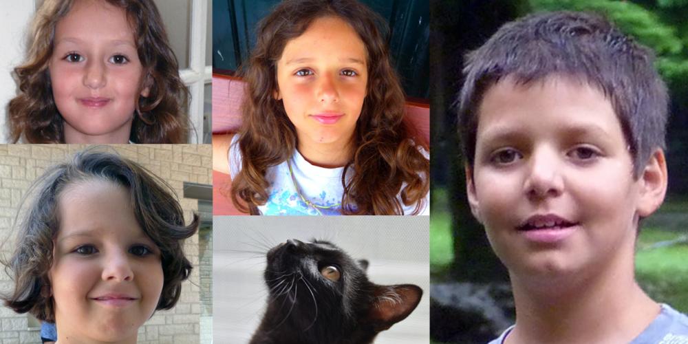 The Papaioannou missionary children, clockwise from top left: Revel, Niki, Loukas, and Kellita. (Children photos courtesy of Kim Papaioannou / Cat photo from Pixabay)