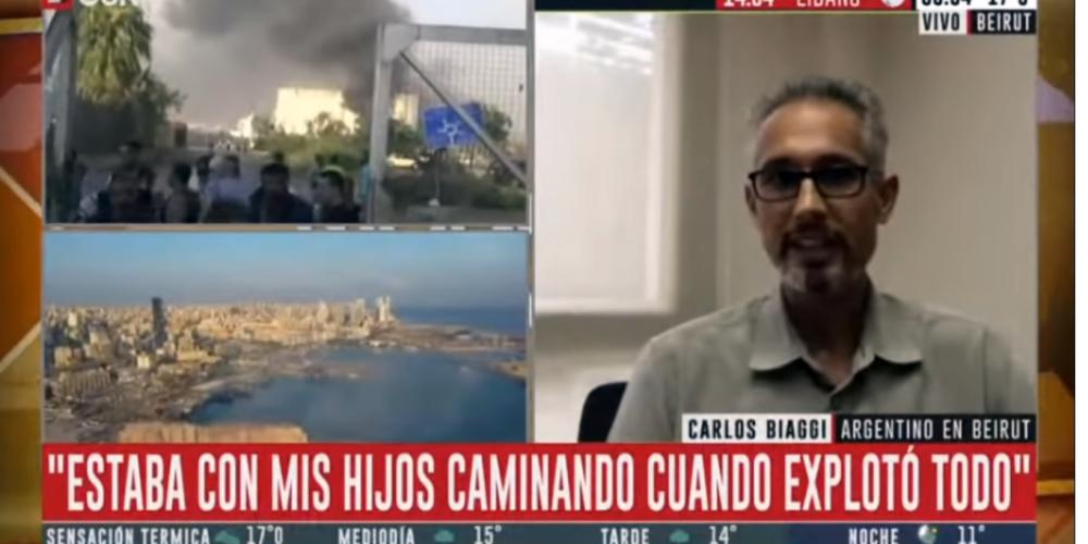 Carlos Biaggi, dean of the business administration faculty at Middle East University in Beirut, Lebanon, speaking in a live interview with Argentina's C5N television, a 24-hour national news channel, on Aug. 5, 2020. C5N / noticias.adventistas.org