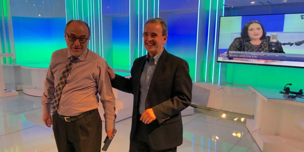 Paolo Benini, left, director of Adventist Mission for the Inter-European Division, and Hope Channel president Derek Morris touring Speranta TV’s headquarters in Bucharest, Romania, this week. (Photos: Andrew McChesney / Adventist Mission)
