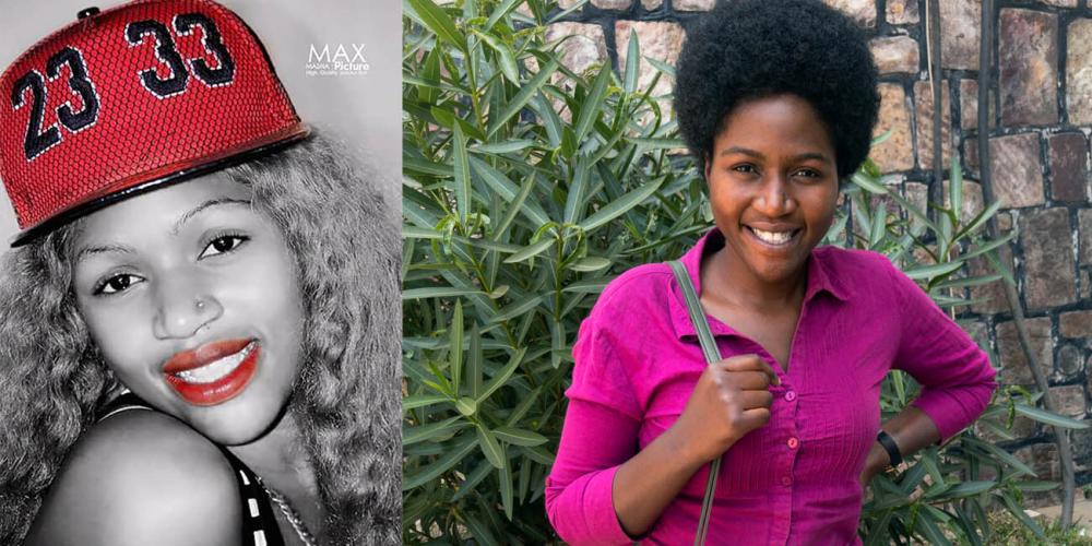 Yvonne Mushimiyimana, left, pictured in a publicity photo as she sought to become a pop star in Rwanda and, right, as she is today. (Left photo: Courtesy of Yvonne Mushimiyimana; right photo: Andrew McChesney / Adventist Mission)