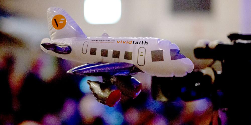 An inflatable airplane with the VividFaith logo being displayed during the presentation of the VividFaith website and app at 2018 Annual Council in Battle Creek, Michigan. (Brent Hardinge / ANN)
