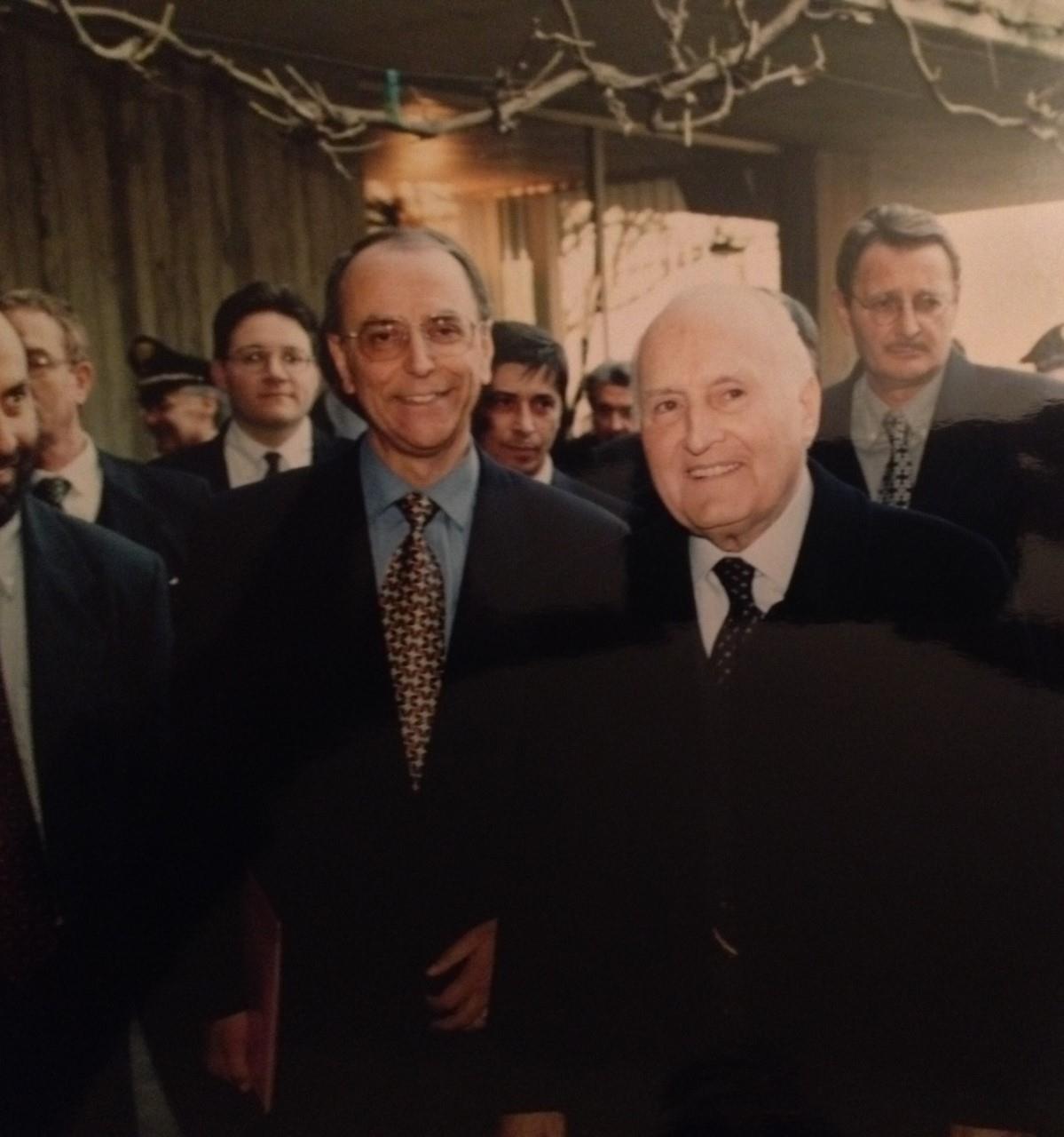 Italian President Oscar Luigi Scalfaro, right, and Vincenzo Mazza attending the opening of an Adventist retirement home in Forle, Italy, in 1998.
