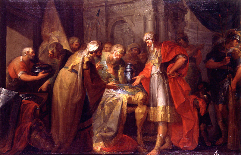 King Hezekiah showing off his wealth to Babylonian envoys in a 1789 oil painting by Spanish artist Vicente López Portaña. (Wikicommons)