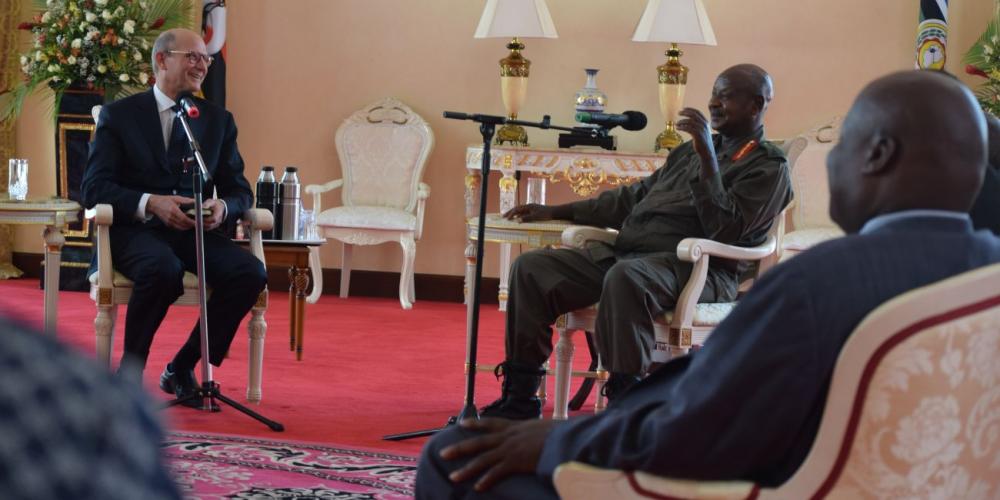 Ugandan President Yoweri Museveni meeting with Ted N.C. Wilson, leader of the worldwide Seventh-day Adventist Church, at his official residence in Entebbe on Feb. 16, 2018. (Prince Bahati / ECD)